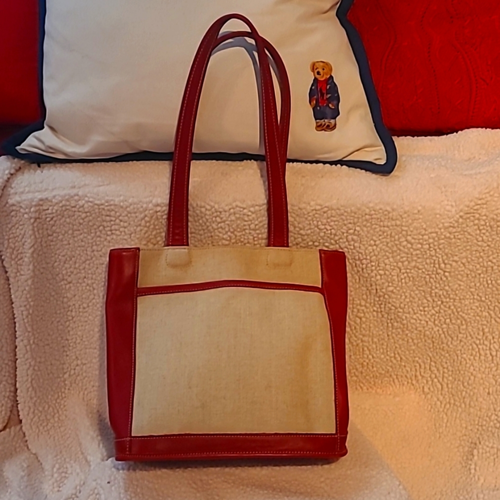 Coach leather and linen shopper tote bag beige and red